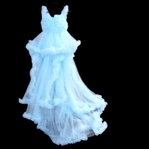 Photo Shoot Flying Dress Baby Blue Tule Lace Up Ruffled Gown. Often used for